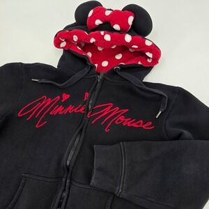 DISNEY PARKS MINNIE MOUSE ZIP UP HOODIE GIRLS XL BLACK RED SWEATSHIRT EARS POLKA